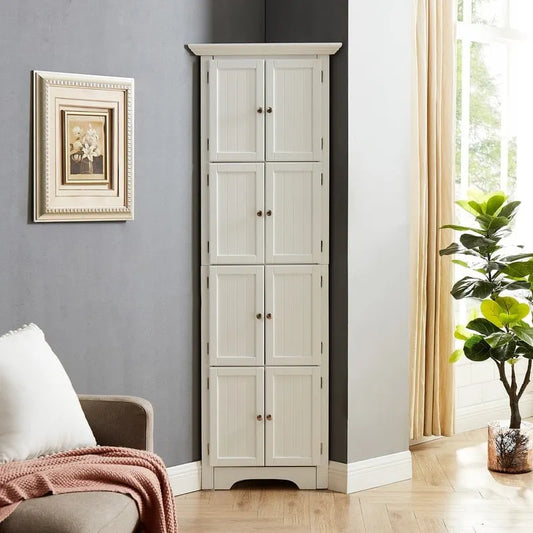 Bathroom Tall Corner Storage Cabinet, Floor Display Storage Cabinet with 8 Doors and 4 Shelves for Bathroom, Living Room