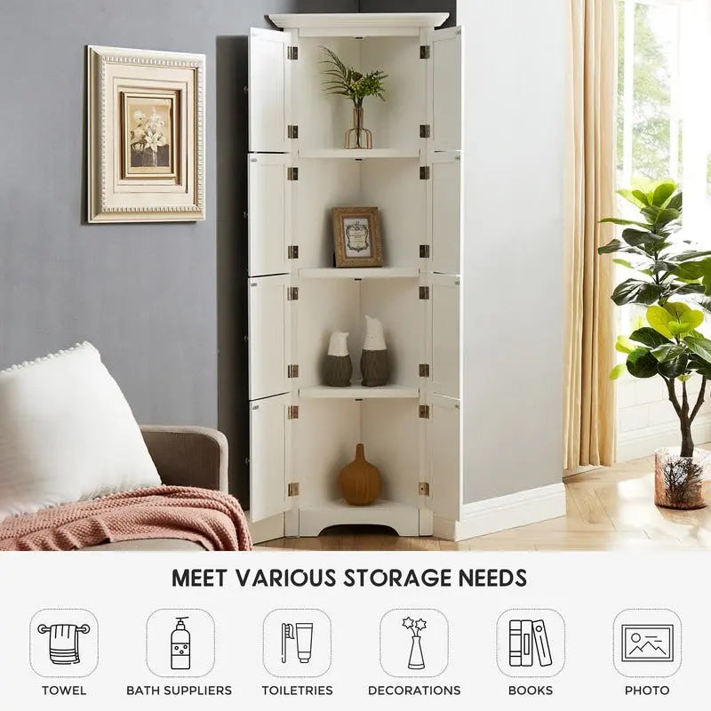 Bathroom Tall Corner Storage Cabinet, Floor Display Storage Cabinet with 8 Doors and 4 Shelves for Bathroom, Living Room