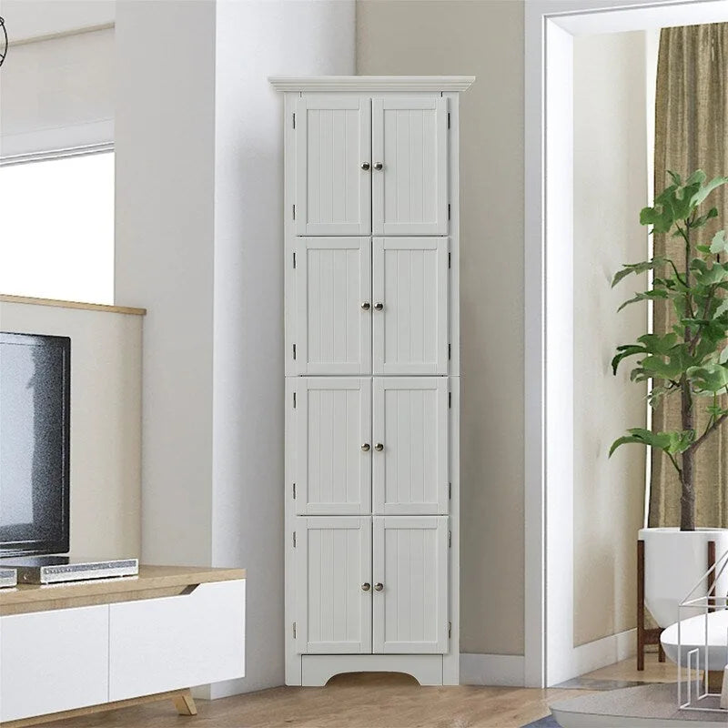 Bathroom Tall Corner Storage Cabinet, Floor Display Storage Cabinet with 8 Doors and 4 Shelves for Bathroom, Living Room