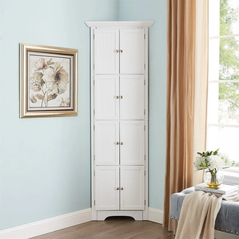 Bathroom Tall Corner Storage Cabinet, Floor Display Storage Cabinet with 8 Doors and 4 Shelves for Bathroom, Living Room