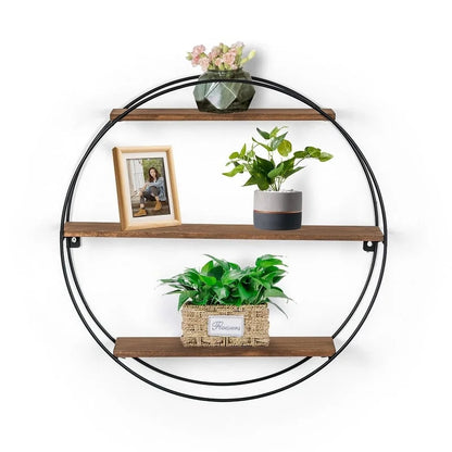 ADECO Wall Shelf Round Floating Shelves Sturdy Wood Metal Stand Decor