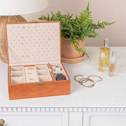Household Essentials Vegan Leather 2-Layer Jewelry Organizer Box with Clasp Closure - 9.3L x 7.3W x 3.8H