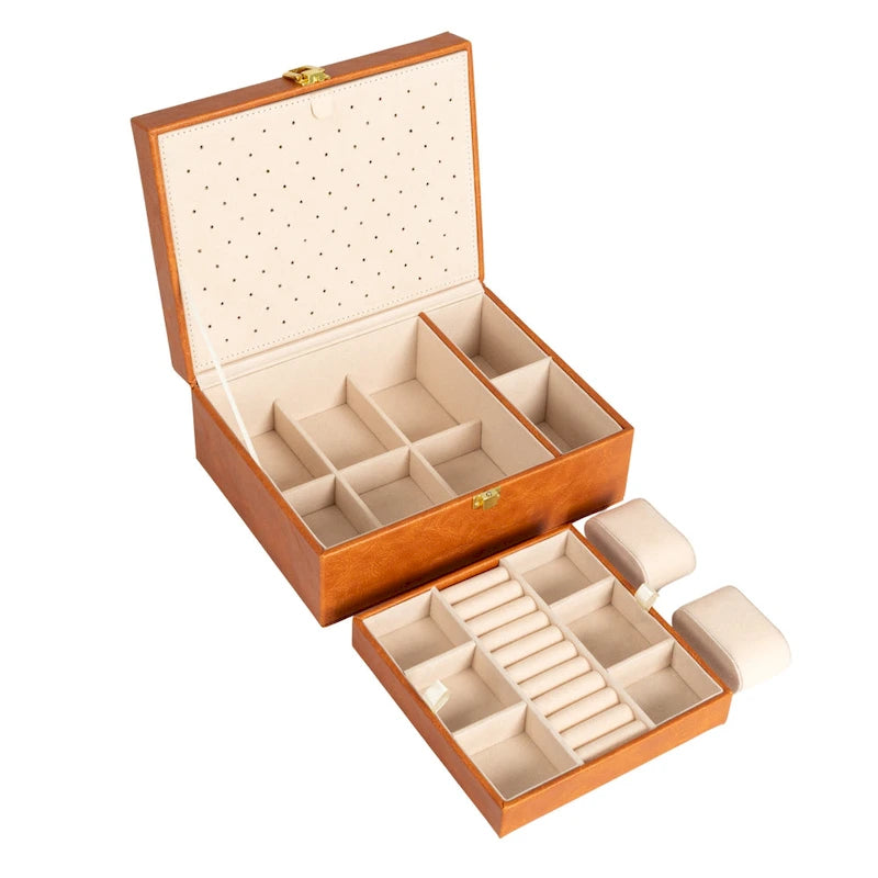 Household Essentials Vegan Leather 2-Layer Jewelry Organizer Box with Clasp Closure - 9.3L x 7.3W x 3.8H