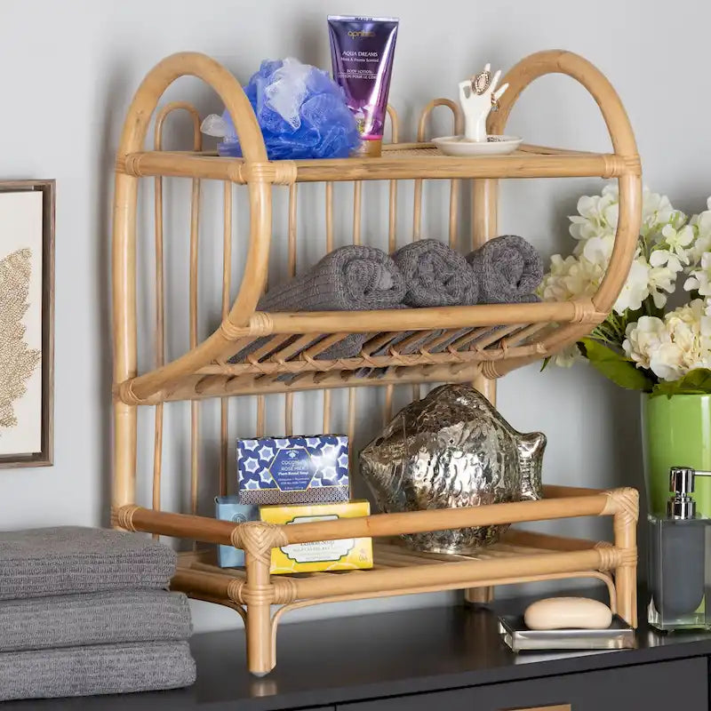 Liora Bohemian Natural Brown Finished Rattan 2-Tier Display Shelf