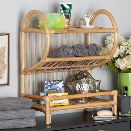 Liora Bohemian Natural Brown Finished Rattan 2-Tier Display Shelf