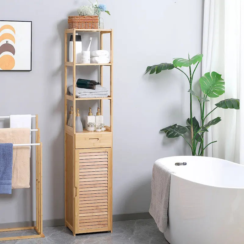 kleankin Tall Bathroom Cabinet with Drawer and Slatted Shelves, Slim Bamboo Linen Tower with Louvered Door