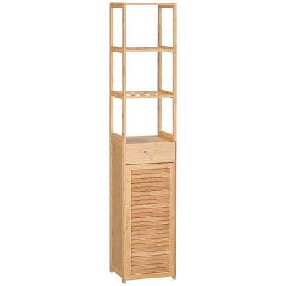 kleankin Tall Bathroom Cabinet with Drawer and Slatted Shelves, Slim Bamboo Linen Tower with Louvered Door