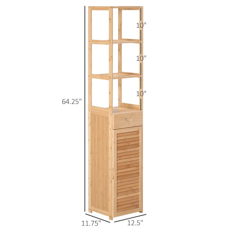 kleankin Tall Bathroom Cabinet with Drawer and Slatted Shelves, Slim Bamboo Linen Tower with Louvered Door