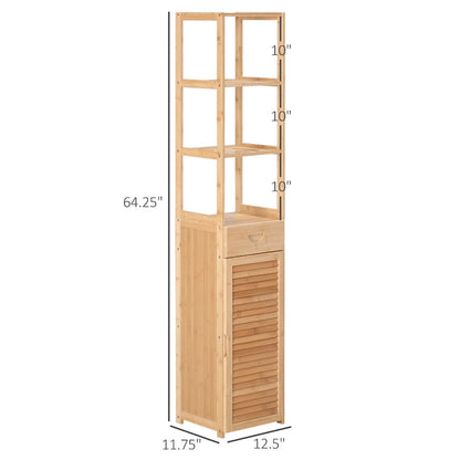 kleankin Tall Bathroom Cabinet with Drawer and Slatted Shelves, Slim Bamboo Linen Tower with Louvered Door
