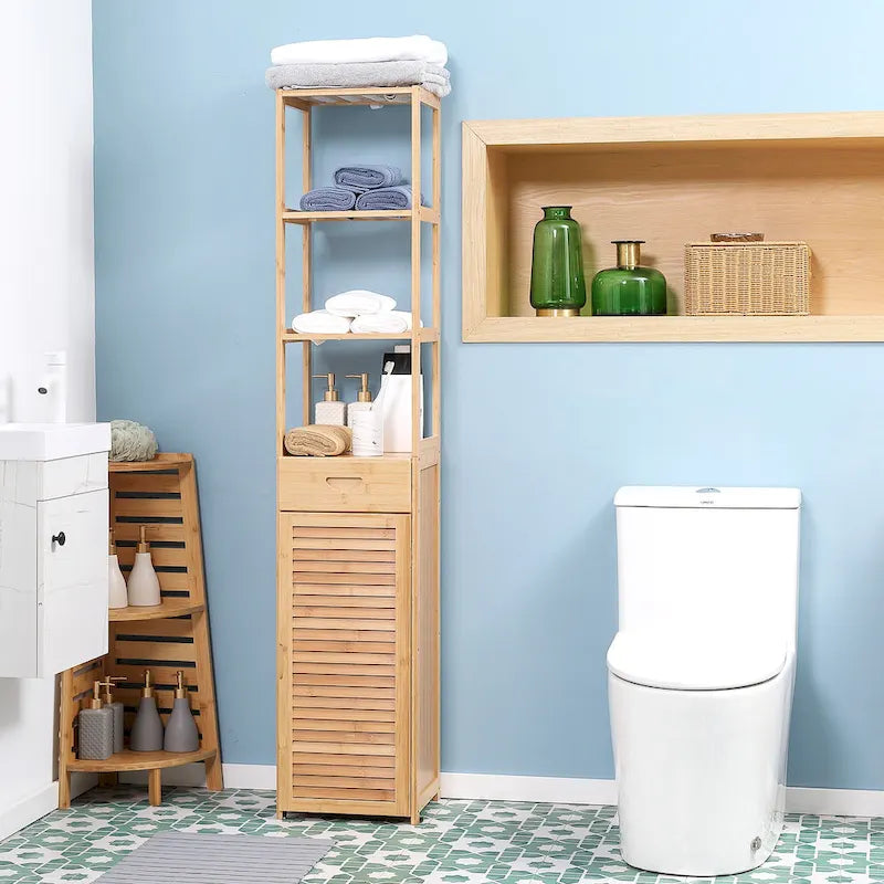 kleankin Tall Bathroom Cabinet with Drawer and Slatted Shelves, Slim Bamboo Linen Tower with Louvered Door