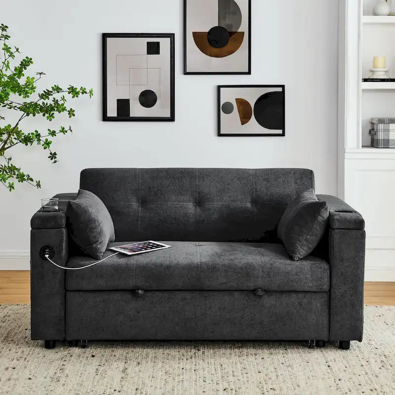 54 Pull-Out Sleeper Sofa Bed Double Seat Recliner Sofa Bed with Armrests with Storage and Side Pockets, Adjustable Backrest and