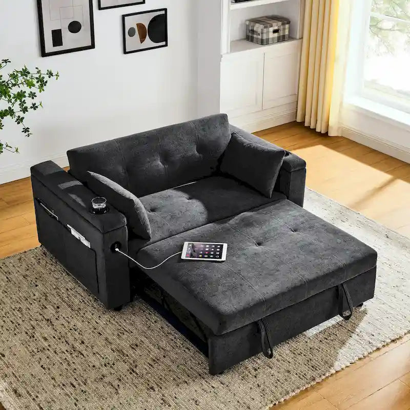 54 Pull-Out Sleeper Sofa Bed Double Seat Recliner Sofa Bed with Armrests with Storage and Side Pockets, Adjustable Backrest and