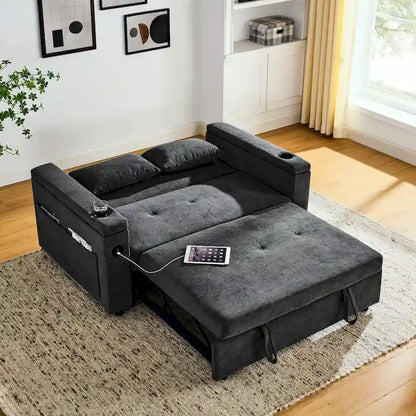 54 Pull-Out Sleeper Sofa Bed Double Seat Recliner Sofa Bed with Armrests with Storage and Side Pockets, Adjustable Backrest and