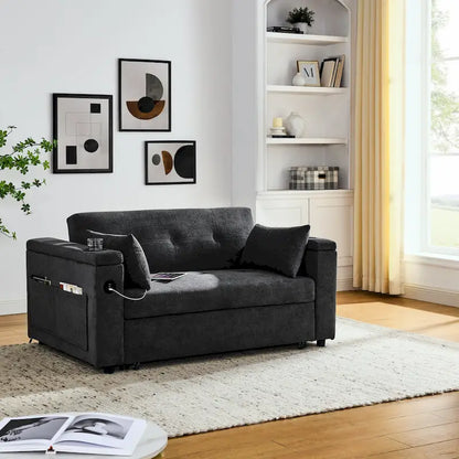 54 Pull-Out Sleeper Sofa Bed Double Seat Recliner Sofa Bed with Armrests with Storage and Side Pockets, Adjustable Backrest and