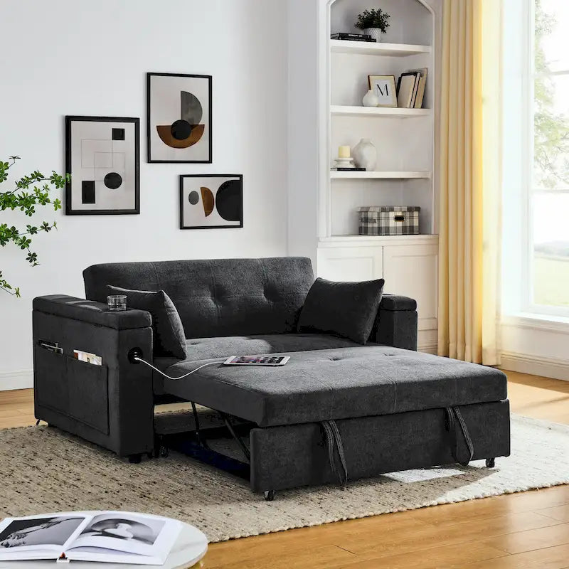 54 Pull-Out Sleeper Sofa Bed Double Seat Recliner Sofa Bed with Armrests with Storage and Side Pockets, Adjustable Backrest and