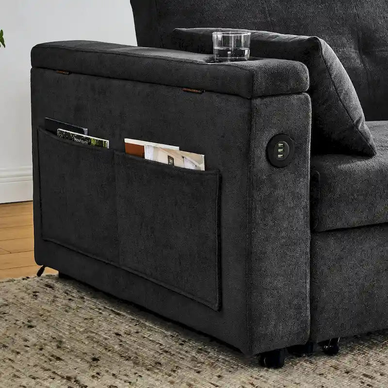 54 Pull-Out Sleeper Sofa Bed Double Seat Recliner Sofa Bed with Armrests with Storage and Side Pockets, Adjustable Backrest and