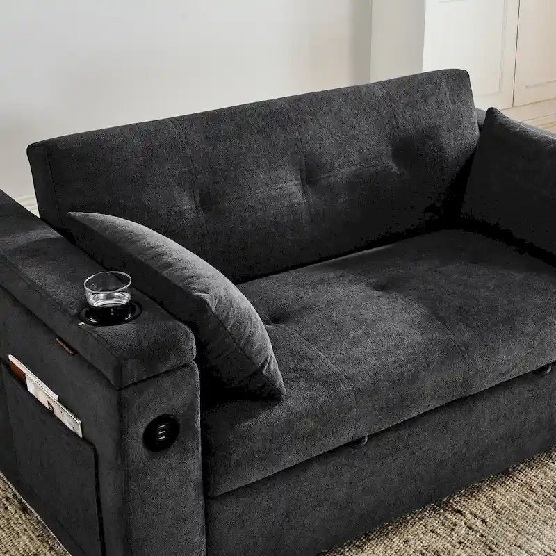 54 Pull-Out Sleeper Sofa Bed Double Seat Recliner Sofa Bed with Armrests with Storage and Side Pockets, Adjustable Backrest and