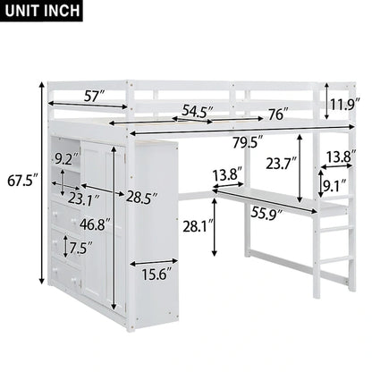 Wood Full Size Loft Bed with Built-in Wardrobe, Desk, Storage Shelves and Drawers, Gray