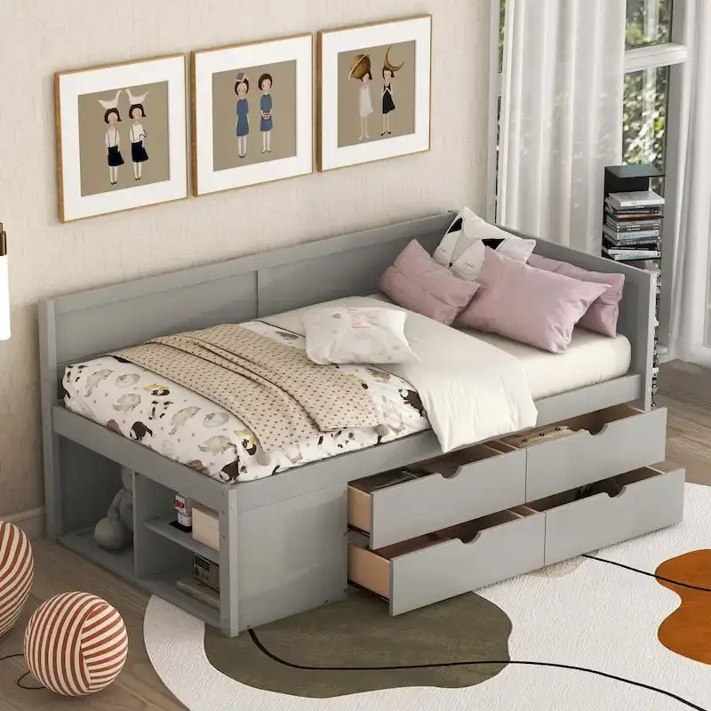 Twin Size Daybed with Drawers and Shelves, Gray