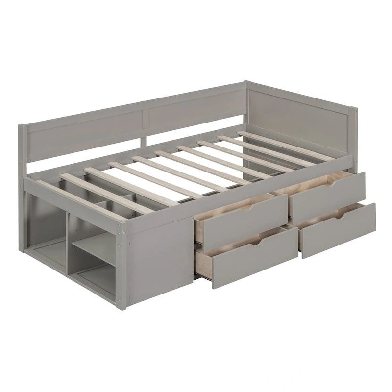 Twin Size Daybed with Drawers and Shelves, Gray