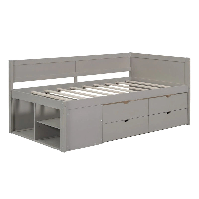 Twin Size Daybed with Drawers and Shelves, Gray