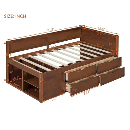 Twin Size Daybed with Drawers and Shelves, Gray