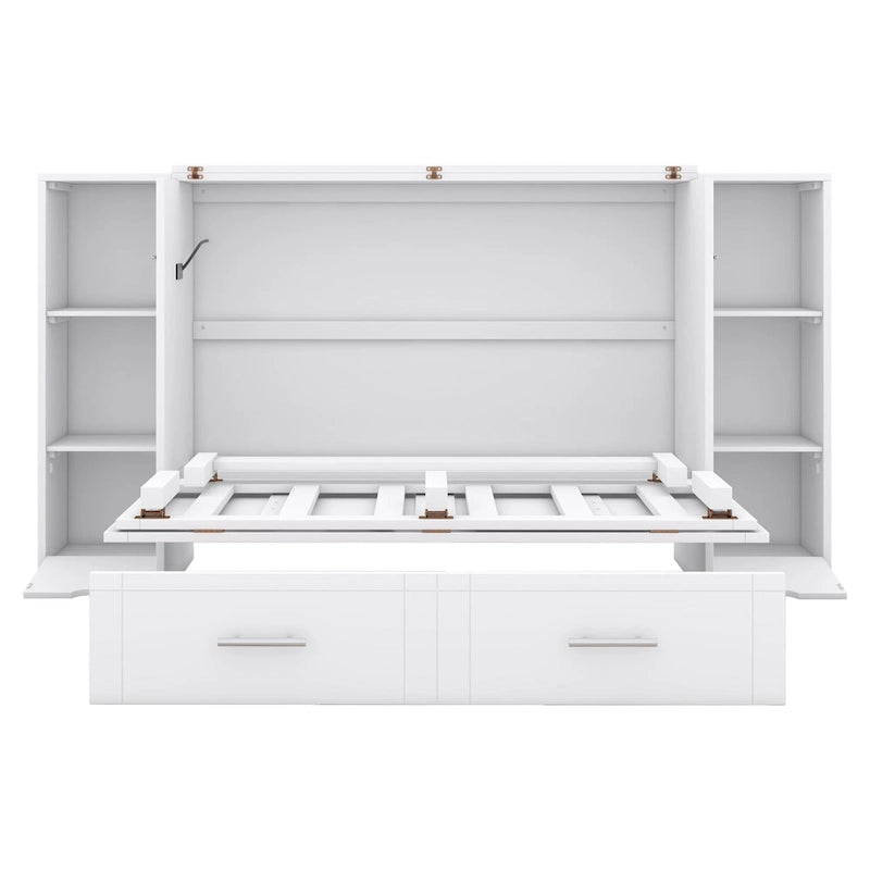 Full Size Murphy Bed with Shelves, Drawers and USB Ports,Gray