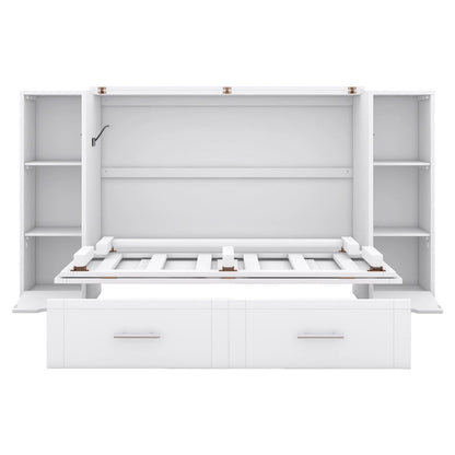 Full Size Murphy Bed with Shelves, Drawers and USB Ports,Gray