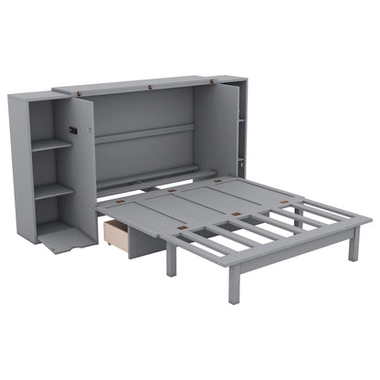 Full Size Murphy Bed with Shelves, Drawers and USB Ports,Gray
