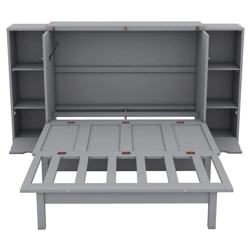 Full Size Murphy Bed with Shelves, Drawers and USB Ports,Gray