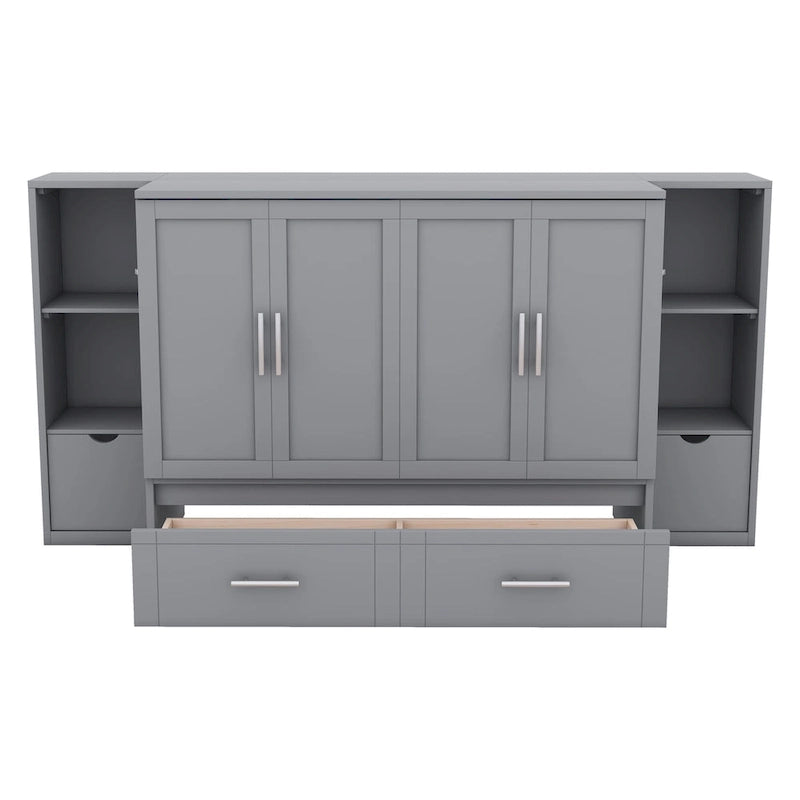 Full Size Murphy Bed with Shelves, Drawers and USB Ports,Gray