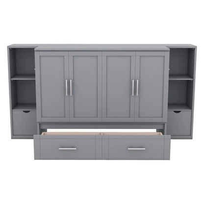 Full Size Murphy Bed with Shelves, Drawers and USB Ports,Gray