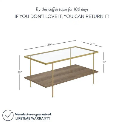 Nathan James Asher Mid-Century Coffee Table Glass Top Oak Shelf