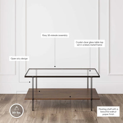 Nathan James Asher Mid-Century Coffee Table Glass Top Oak Shelf