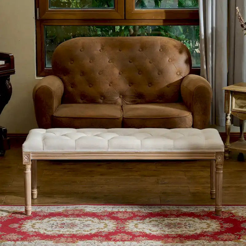 CO-Z Extra Long French Vintage Upholstered Bench w Carved Wood Frame