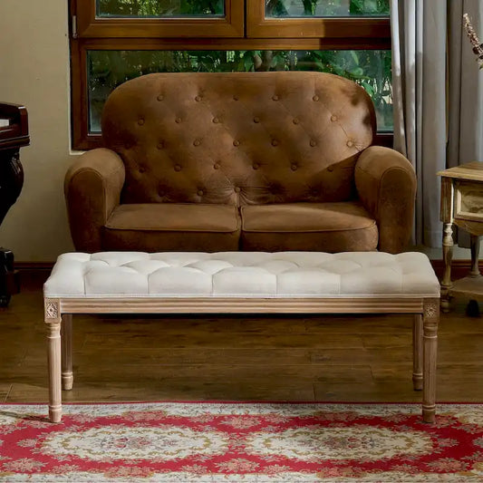 CO-Z Extra Long French Vintage Upholstered Bench w Carved Wood Frame