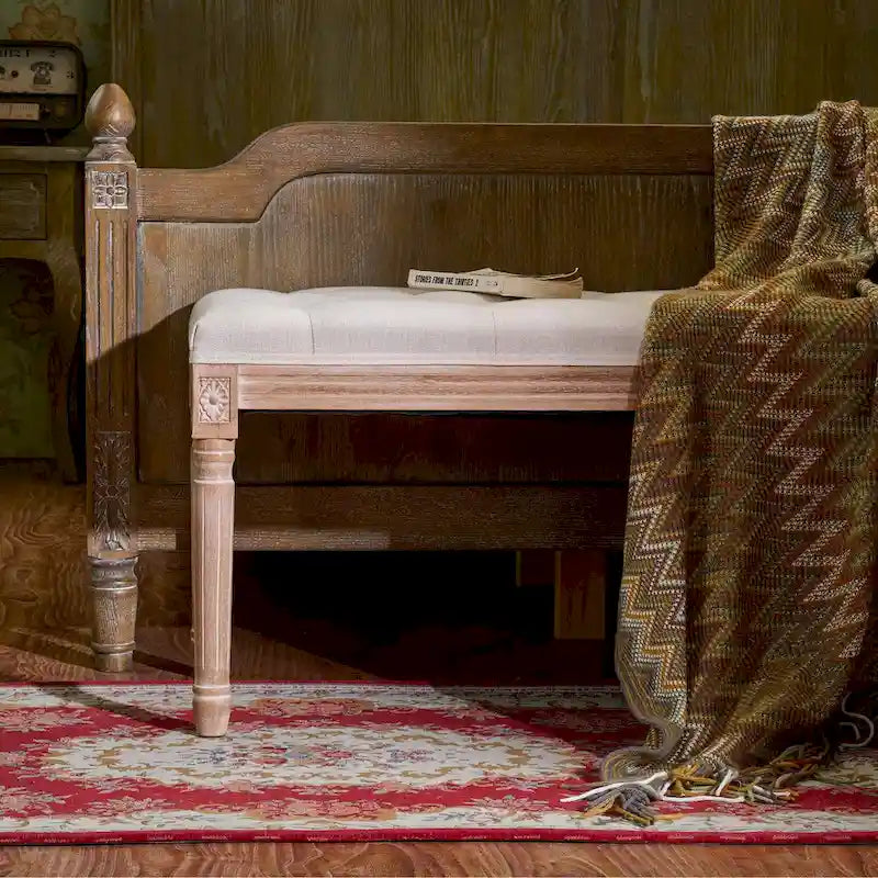 CO-Z Extra Long French Vintage Upholstered Bench w Carved Wood Frame