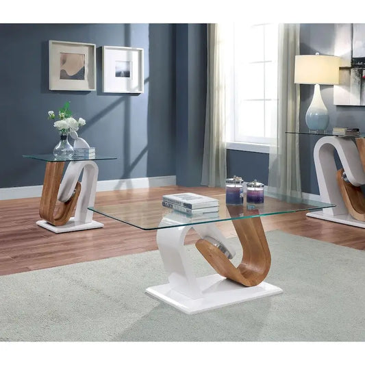 Tong Contemporary White and Natural 47-inch Glass Top 2-Piece Coffee Table Set by Furniture of America