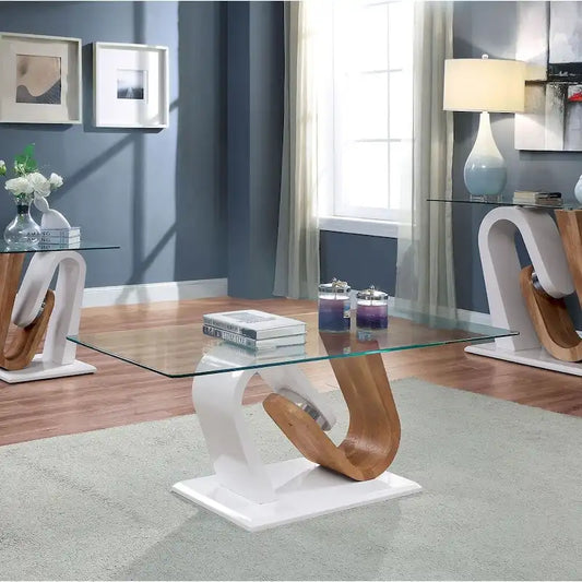 Tong Contemporary White and Natural 47-inch Glass Top 2-Piece Coffee Table Set by Furniture of America
