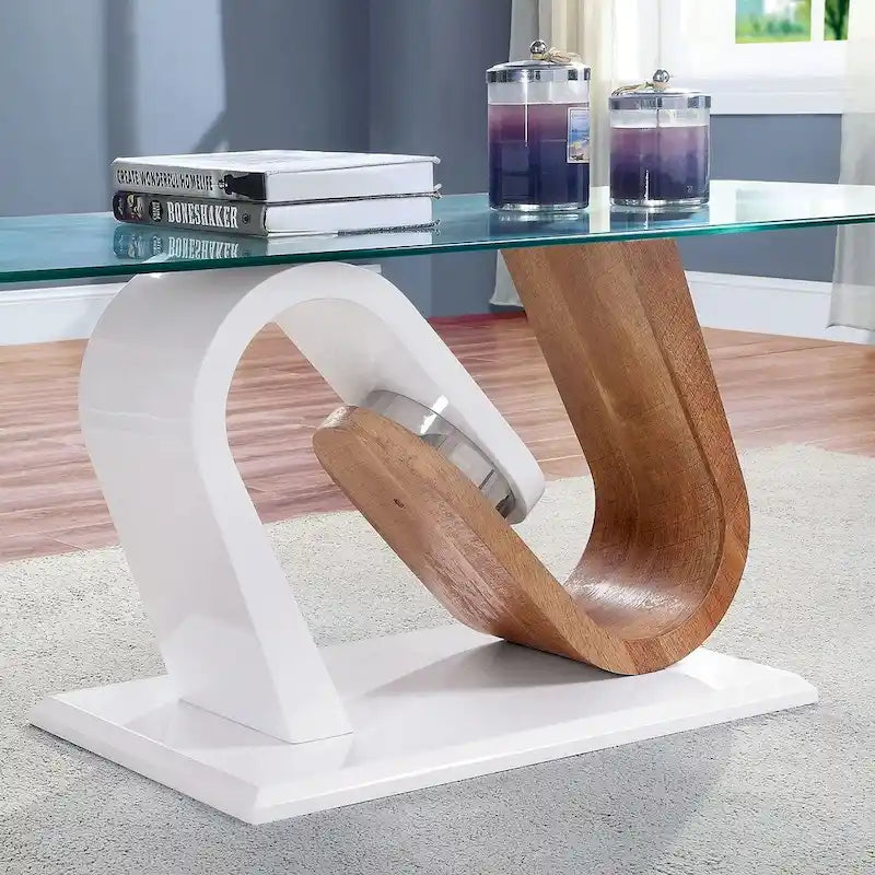 Tong Contemporary White and Natural 47-inch Glass Top 2-Piece Coffee Table Set by Furniture of America