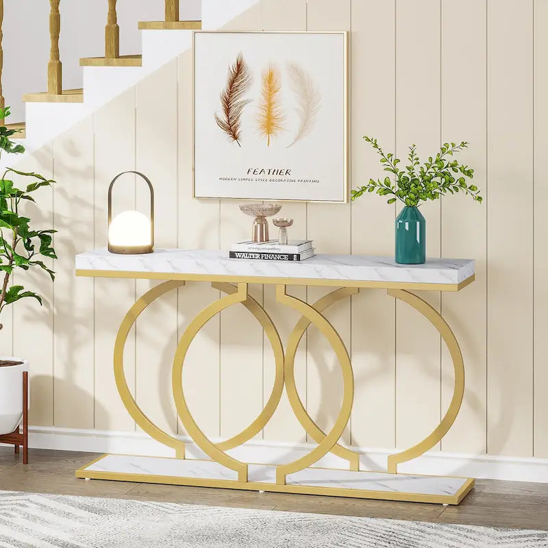 55 inch Gold Console Table, Faux Marble Entryway Table Narrow Long Sofa Table, Modern Accent Table for Living Room