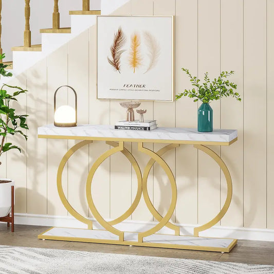 55 inch Gold Console Table, Faux Marble Entryway Table Narrow Long Sofa Table, Modern Accent Table for Living Room