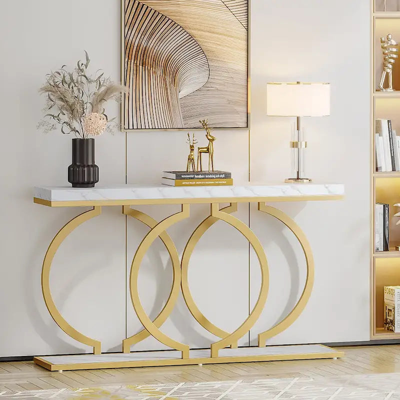 55 inch Gold Console Table, Faux Marble Entryway Table Narrow Long Sofa Table, Modern Accent Table for Living Room