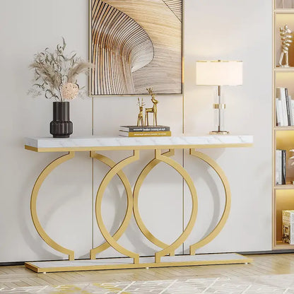 55 inch Gold Console Table, Faux Marble Entryway Table Narrow Long Sofa Table, Modern Accent Table for Living Room