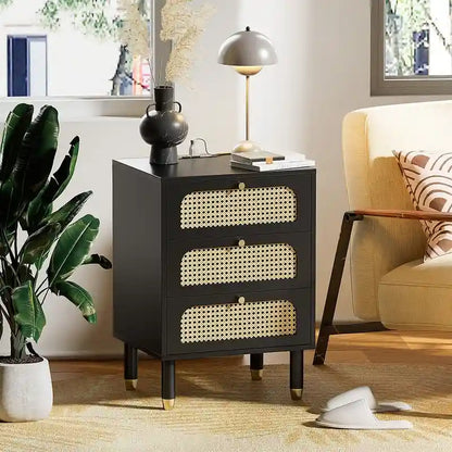 Rattan Nightstand with 3 Drawers