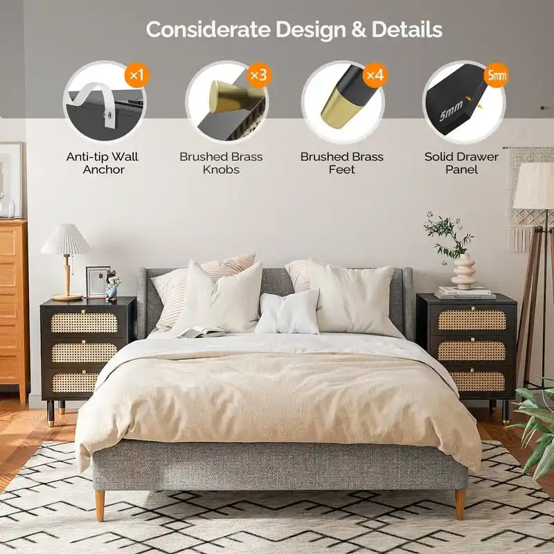 Rattan Nightstand with 3 Drawers