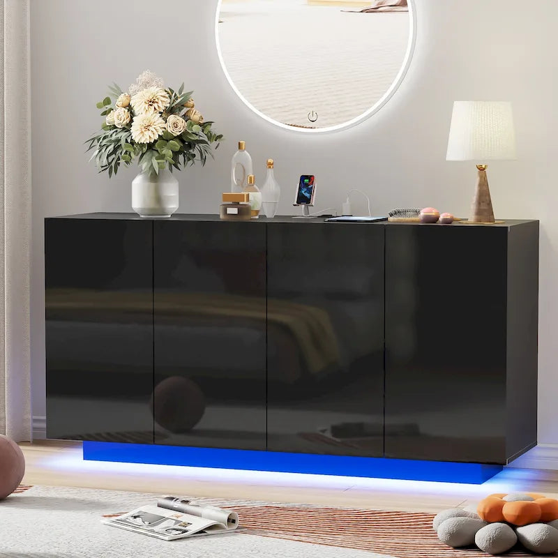 Buffet Cabinet with Storage Bar Cabinet LED light High Gloss Doors for Bedroom, Living Room