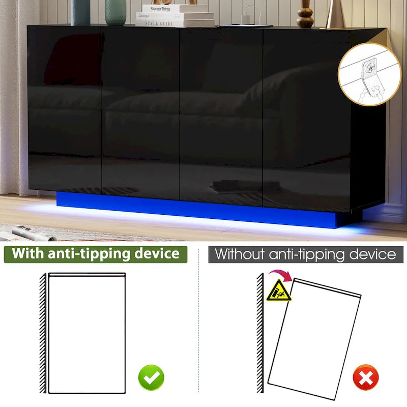 Buffet Cabinet with Storage Bar Cabinet LED light High Gloss Doors for Bedroom, Living Room