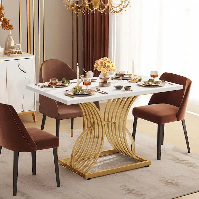 Moasis Rectangular Dining Table for 4, White and Gold Kitchen Table Dinner Table