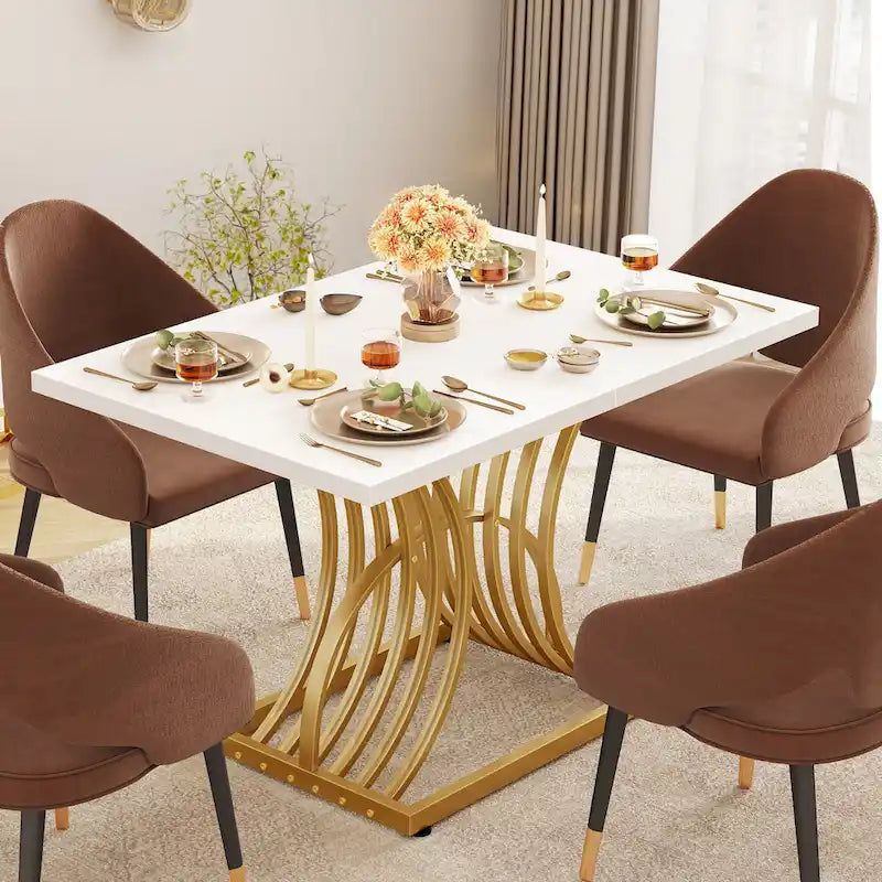 Moasis Rectangular Dining Table for 4, White and Gold Kitchen Table Dinner Table